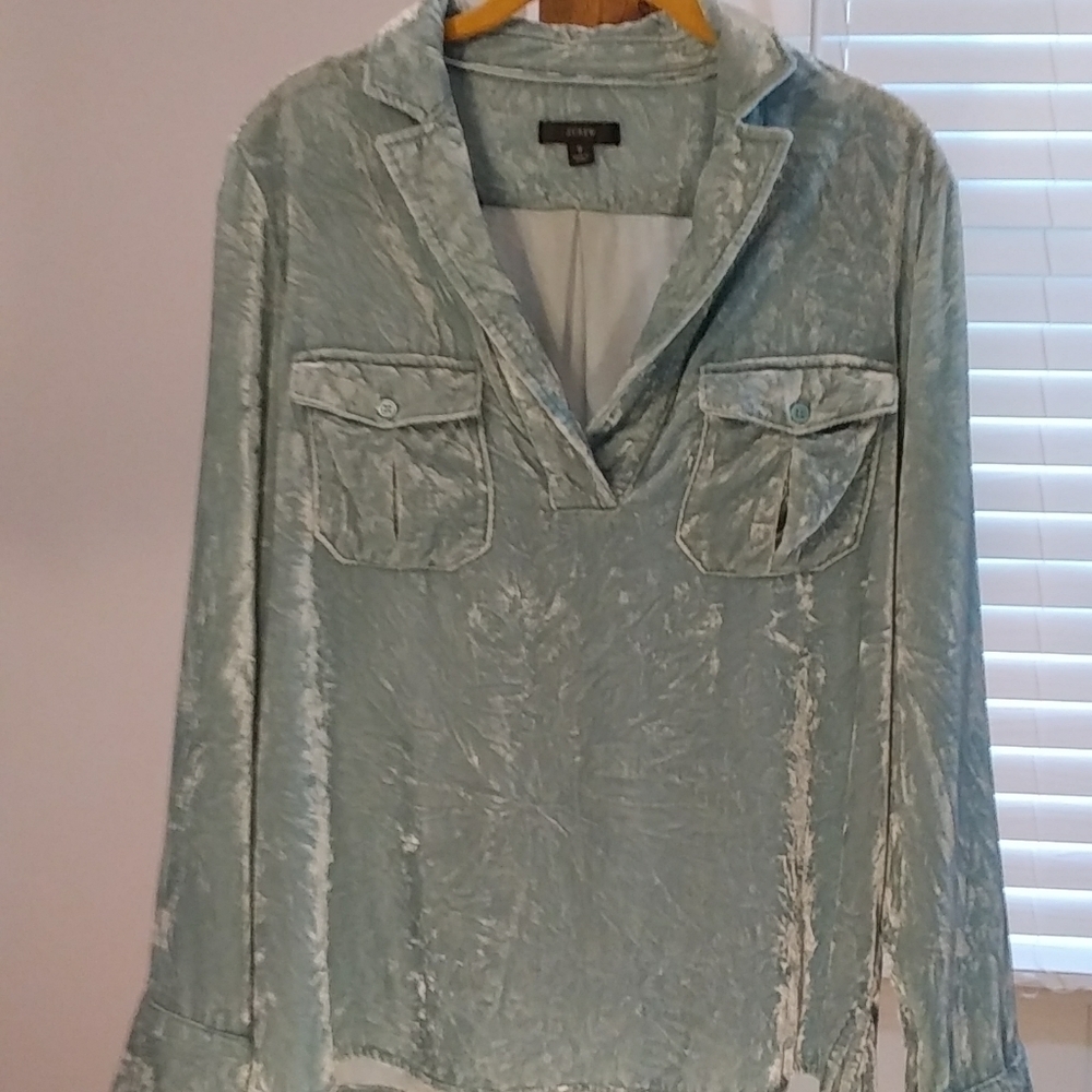 J Crew Blue Crushed Velvet Long Button Sleeves Front Pockets Top Blouse Size S